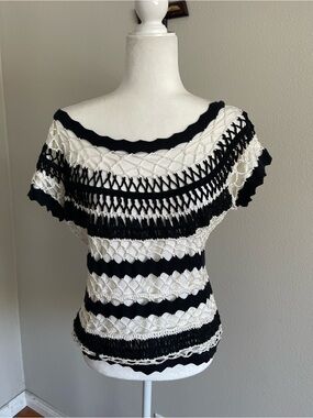 Black & White Openwork Crochet Top - Women's Blouse